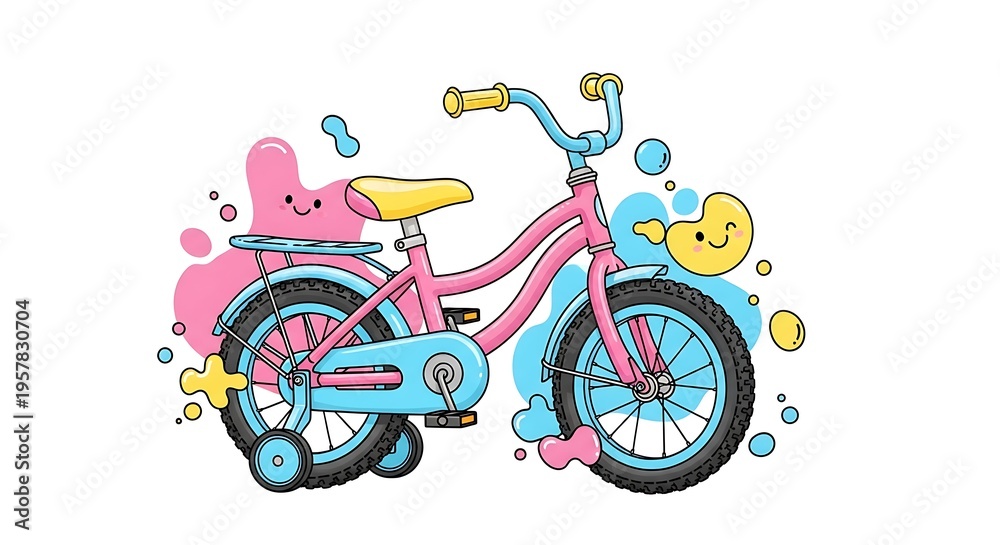 Fototapeta premium Cute Kids Bicycle Illustration with Pastel Colors – Fun Cartoon Style Bike Design, Playful Children Transport Concept, Minimal Background, Colorful Creative Graphic for Kids Theme with Copy Space