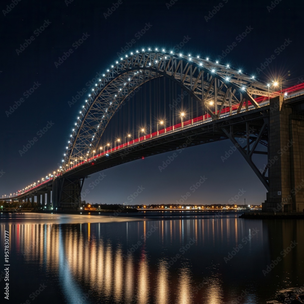 Obraz premium Illuminated Bridge Arches Reflecting On Water At Night