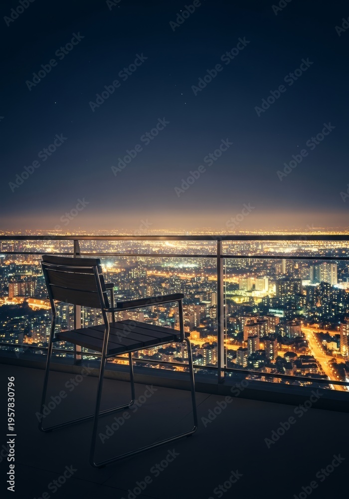 Obraz premium An empty chair on a high balcony overlooks a vast urban landscape glowing with golden lights under a dark night sky in a quiet moment, scenery, glowing, elevation