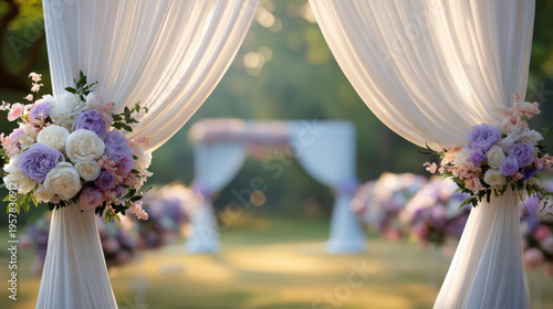 Soft pastel outdoor wedding arch with draped fabric and floral bouquets creating romantic garden ceremony atmosphere