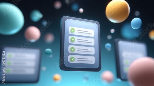 Wallpaper Mural Checklist icon checklist task list productivity app interface with glowing cards and colorful floating spheres conveying organization and focus Torontodigital.ca