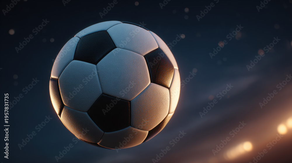 Naklejka premium Soccer ball close up in midair with dramatic side light and motion blur conveying energy and focus