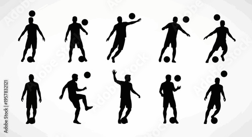 Silhouettes of soccer players in various action poses with a football, illustrating different dribbling, kicking, and juggling techniques on a white background.