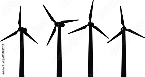 Black silhouette of four wind turbines on white background representing renewable energy wind farm sustainable power generation green technology and clean electricity infrastructure solutions
