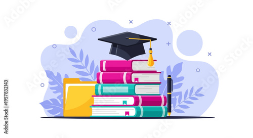 Education and Graduation Concept Illustration with Mortarboard Graduation Cap on Stack of Books, Folder and Pen