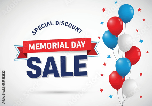 Memorial Day Sale Banner Template with Patriotic Red White and Blue Balloons and Stars for Special Discount Promotions