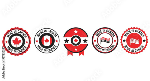 Set of Made in Canada Labels and Badges. Premium Red and Black Canadian Manufacturing Seals, Stamps with Maple Leaf and Flag for Product Packaging and Marketing