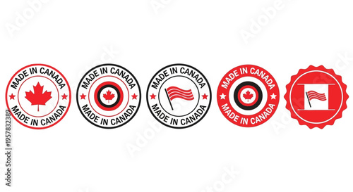 Set of Made in Canada Badges and Labels with Maple Leaf and Flag Symbols for Product Branding