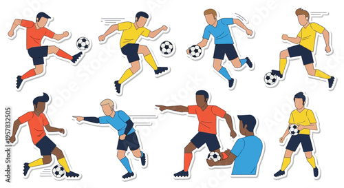 Set of diverse male soccer players in various action poses, dribbling, kicking, and holding footballs, depicted as flat vector illustrations.