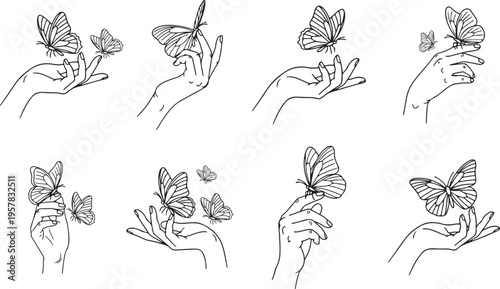 Hand with butterfly on finger, freedom and carefree  hand drawn vector illustration set
