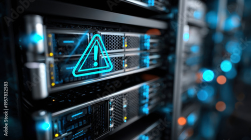 Wallpaper Mural Blue warning icon overlay on rack server front indicating alert and maintenance needed in data center environment with glowing status lights Torontodigital.ca