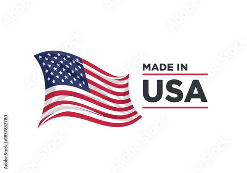 Made in USA Label with Waving American Flag Icon - Patriotic Logo for Domestic Manufacturing and High-Quality National Products