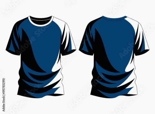 Blank T-Shirt Vector Template Front and Back View - Blue and White Apparel Mockup with Realistic Shading for Jersey Design and Streetwear Branding