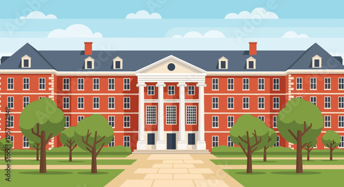 Classic Red Brick University Building Flat Vector Illustration - Educational Institution or College Campus Architecture with Trees
