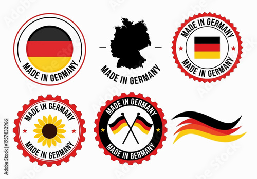 Set of Made in Germany Quality Seals and Labels with German Flag Colors, Map, and Industrial Gear Icons for Manufacturing and Export