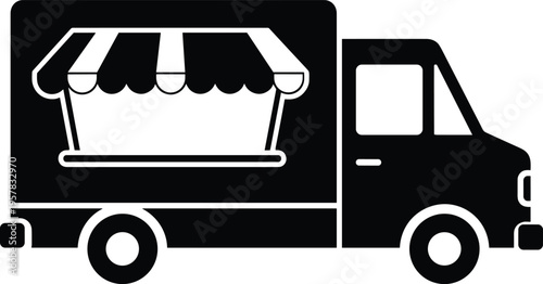 Food truck black vector icon isolated on white background, mobile street food van illustration for catering business, restaurant delivery, and festival snack service.