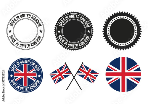 Made in United Kingdom Stamps and UK Flag Icons Vector Set for Product Labeling and British Export Branding