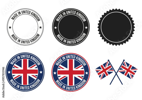 Made in United Kingdom Stamp and Label Set with Union Jack British Flag Icons