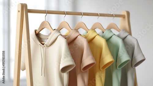 Collection of pastel casual wear including hoodies and t-shirts on a wooden clothing rack with soft lighting with t shirts