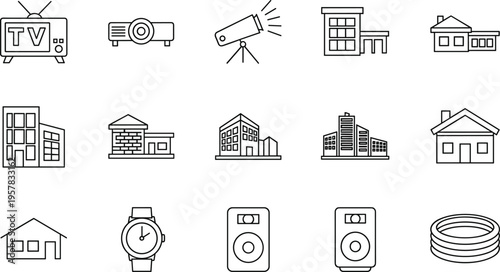 Minimalist line art icon set featuring residential houses, modern office buildings, television, speakers, and lifestyle electronics vector