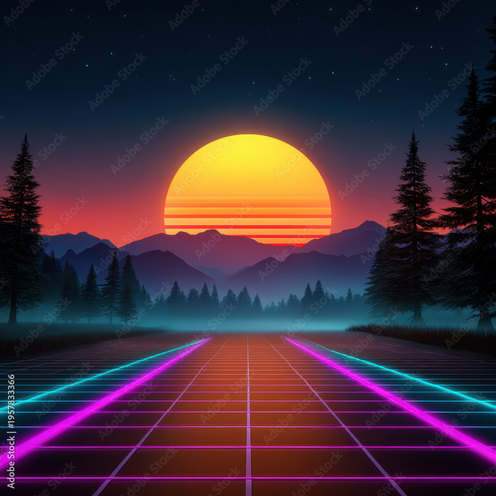 Obraz premium Neon grid road leading toward glowing retro sun over misty pine forest and layered mountains at dusk, vibrant purple teal horizon and starry sky evokes nostalgic calm