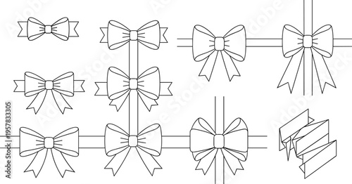 Minimalist line art vector set featuring decorative gift bows, ribbons, and elegant knots for festive celebration packaging