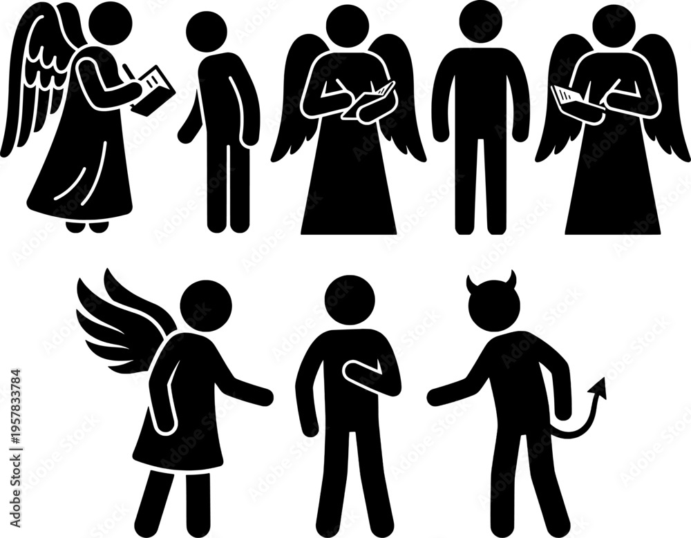 Obraz premium Moral Choices and Divine Influence: An Icon Set Depicting Angels, Demons, and Human Decision-Making.