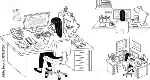 Professional businesswoman working at office desk with computer and telephone in minimalist line art style for corporate workflow