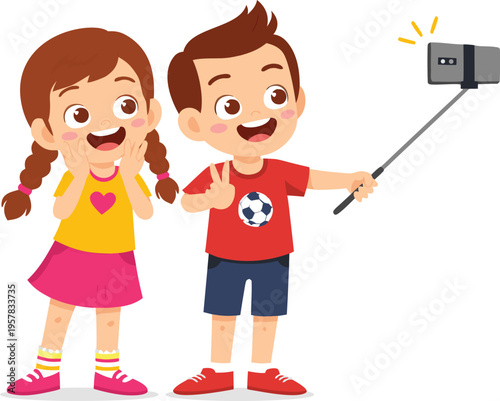 Happy kids taking selfie with smartphone on selfie stick, boy and girl smiling showing peace sign gesture, friendship fun vector illustration isolated. Ideal for social media, technology etc.