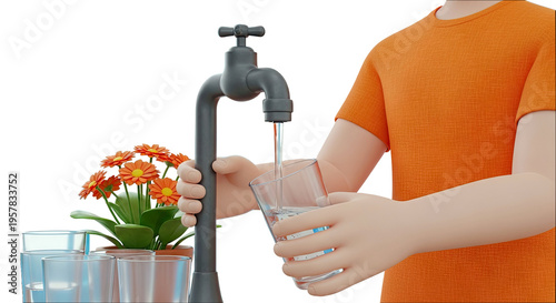 Cartoon person filling glass with water from a faucet