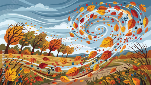 Autumn Windstorm & Falling Leaves - Seasonal Weather & Nature Vector Illustration