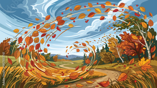 Autumn Windstorm: Swirling Leaves & Seasonal Change Illustration for Marketing