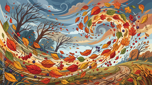 Autumn Wind Swirling Leaves, Seasonal Fall Foliage, Nature Landscape Background