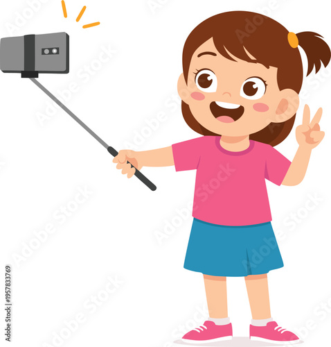 Happy little girl taking selfie with smartphone on selfie stick, girl smiling showing peace sign gesture, fun lifestyle vector illustration isolated. Ideal for social media, technology etc.