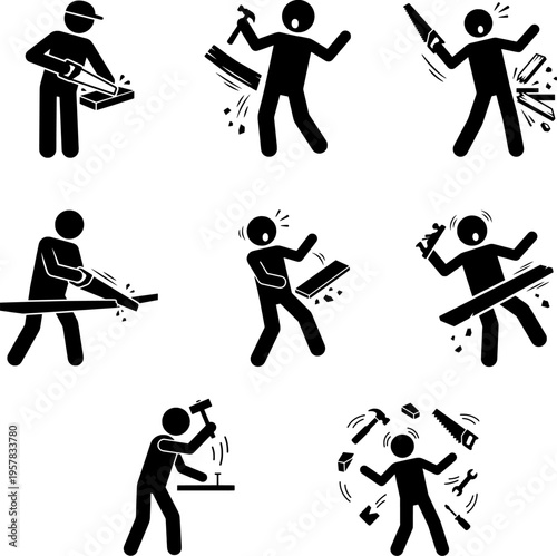 Carpenter Workplace Hazards and Accidents: A Collection of Stick Figure Pictograms Depicting Common Injuries, Mistakes, and Chaos in a Woodworking Shop environment, Isolated on White.