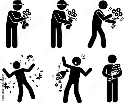 Stick Figure Icon Set: People Smelling Flowers, Giving Bouquets, and Experiencing Severe Pollen Allergy and Sneezing Fits, Isolated on White Background.