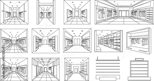 Clothing store interior line art vector set featuring retail fashion boutique layouts, closet wardrobes, shop shelves, and hangers