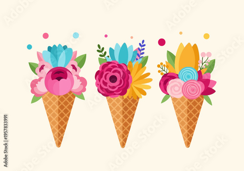 Colorful Flat Vector Illustration of Three Flower Bouquets in Waffle Ice Cream Cones - Creative Floral Summer Concept