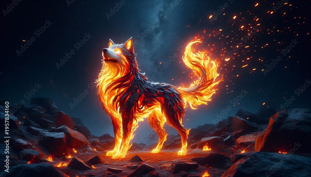 Obraz premium 3d rendering of a wolf in the dark with fire and smoke