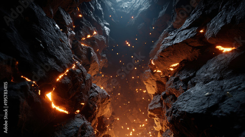 Wallpaper Mural Glowing molten fissures carve dark subterranean cavern walls as embers float upward toward distant light, creating dramatic volcanic atmosphere with textured rock and warm orange glow Torontodigital.ca