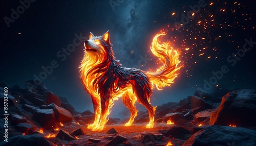 3d rendering of a wolf in the dark with fire and smoke