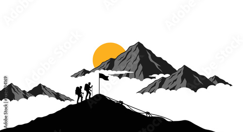 Mountain climbers reaching summit with flag under sun vector illustration
