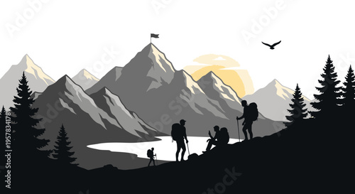 Mountain climbers reaching the summit during a sunrise conceptual illustration