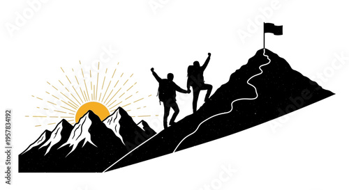 Mountain climbers reaching summit with flag and rising sun silhouette illustration