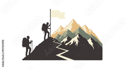 Mountain climbers reaching the summit to plant a flag vector illustration