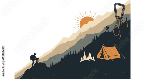 Mountain climbing adventure illustration with sun and camping tent design