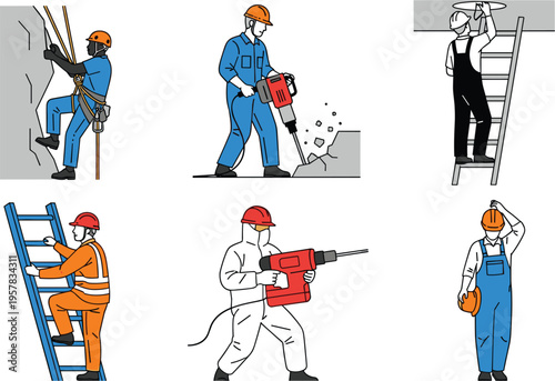 Construction Worker Vector Set with Various Poses, Tools, and Safety Gear for Industrial, Building, and Worker Safety Illustrations