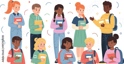 Diverse group of happy school children and students holding books and backpacks for back to school education vector