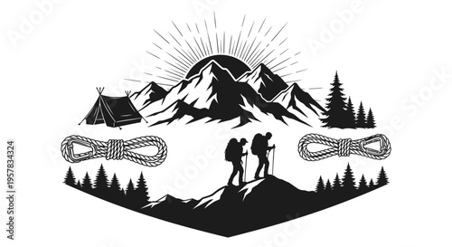 Mountain climbing adventure silhouette with sun and camp elements