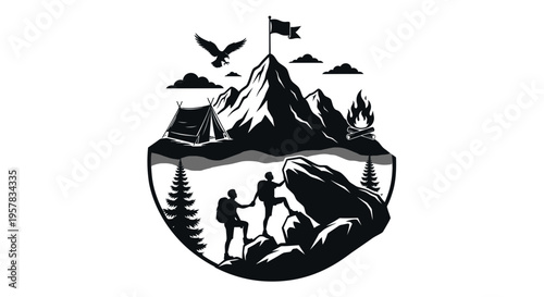 Mountain climbing adventure silhouette with tent and eagle in nature